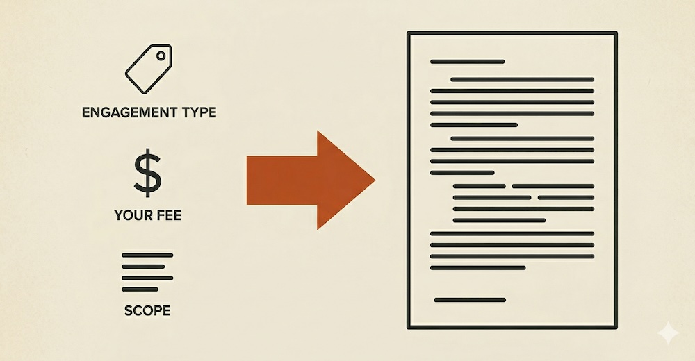 AI-drafted engagement letter preview for a 1040 individual tax return